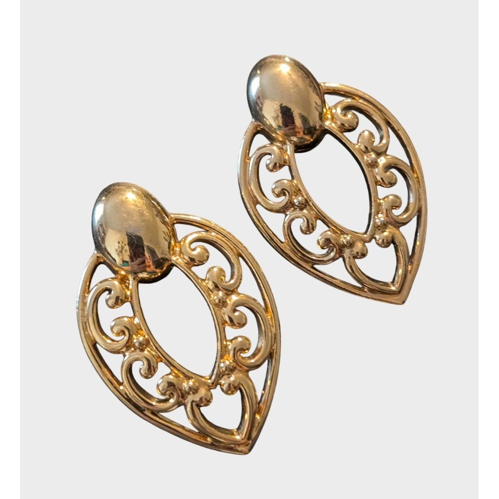 Vintage Pierced Earrings Filigree Teardrop Posts Dangle Statement Gold tone